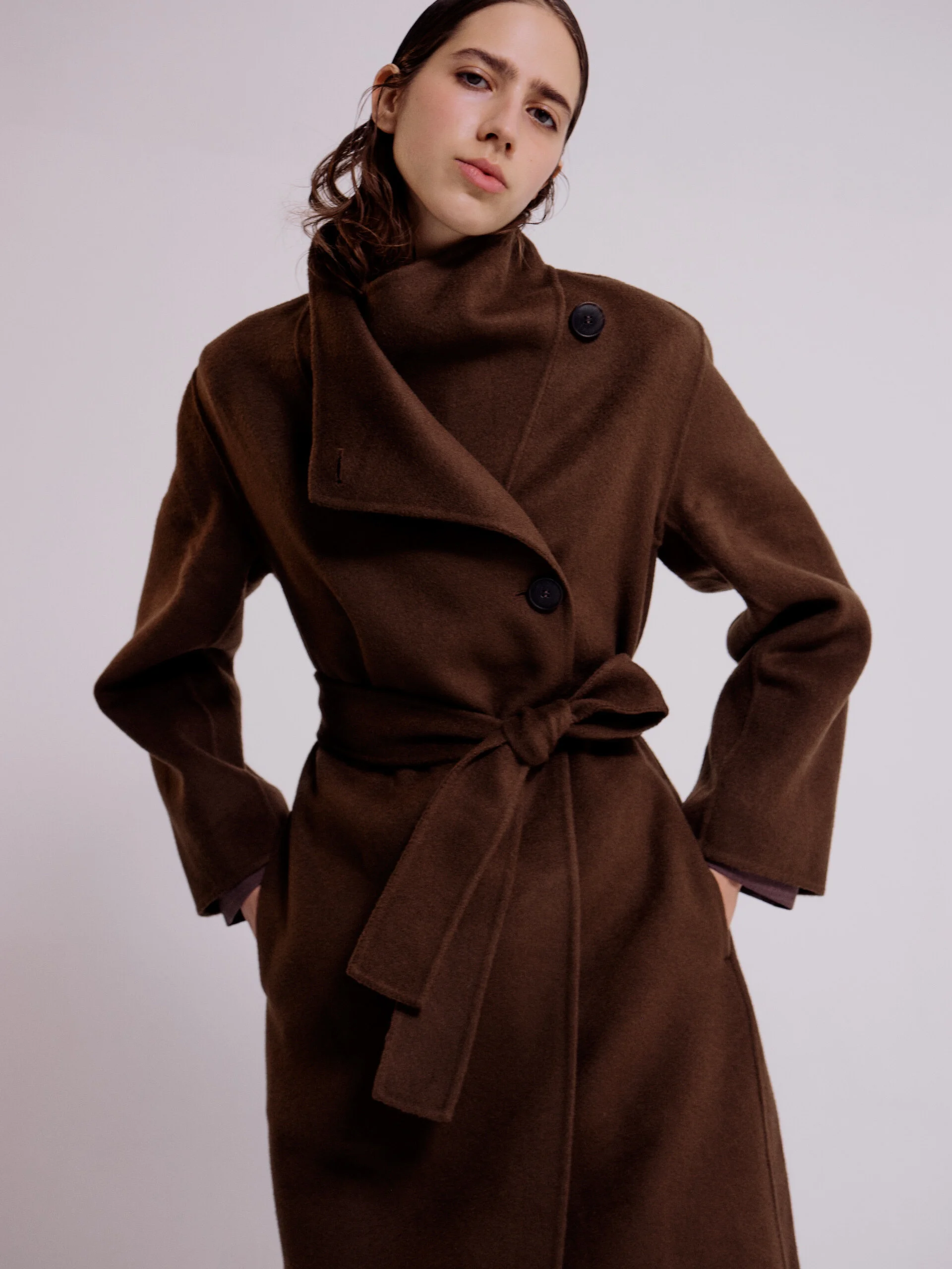 CASHMERE BLEND HANDMADE BELTED COAT - OLIVE BROWN — MIJEONG PARK
